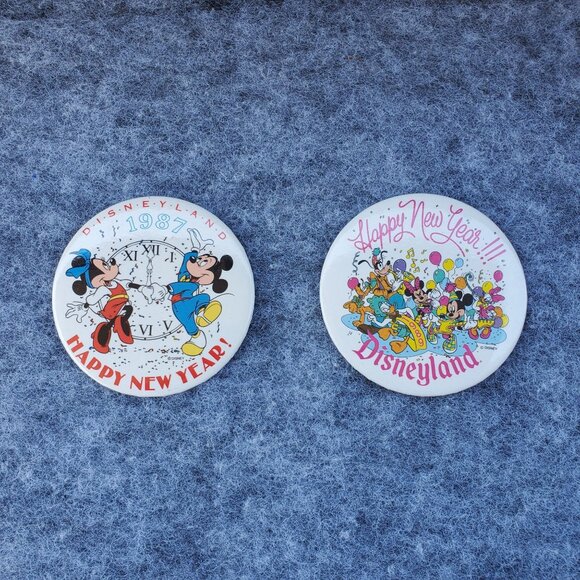 Vintage Disneyland Souvenir Buttons "Happy New Year" 1987 and 1989 Set Of Two - Picture 1 of 5